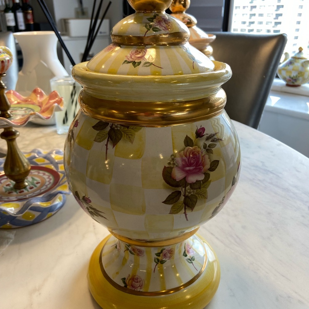Mackenzie Childs Morning Glory Globe Yellow Canister with Lid RARE!!!
